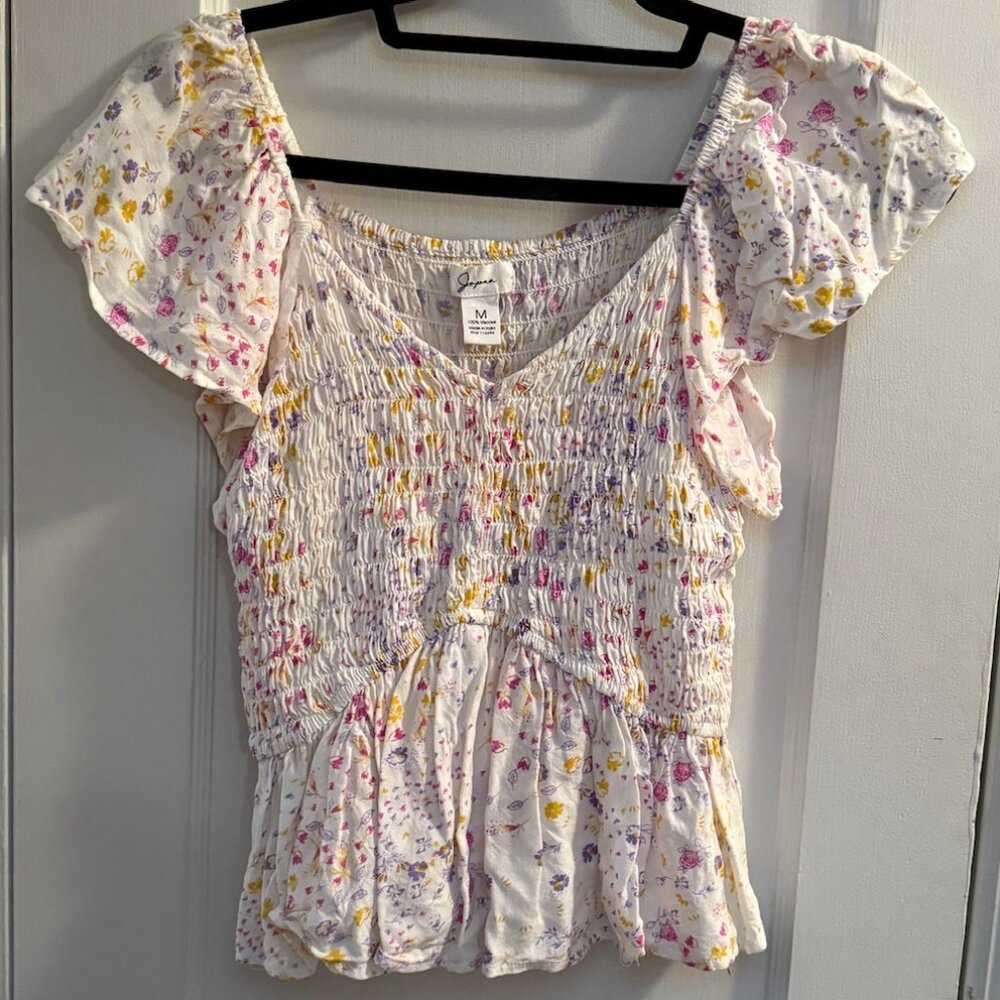 Juniors Short sleeve blouse white with pink, yellow and purple flower pattern